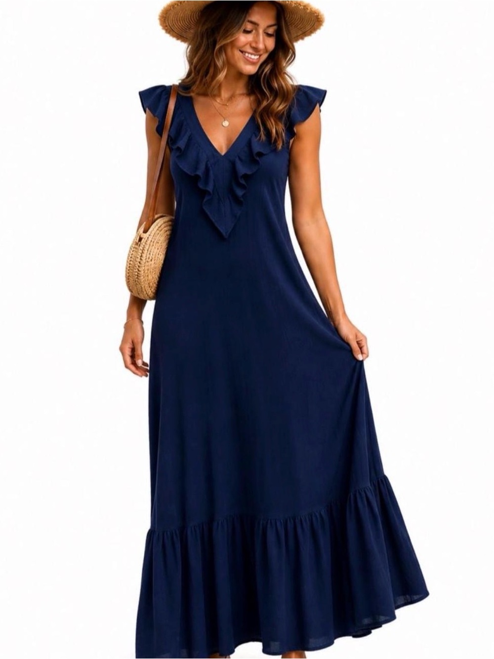SUNDAYS Navy Gauze Ruffle Maxi Dress — Size S